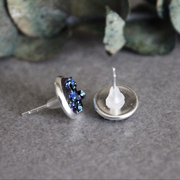 Blue Druzy Earrings, Blue Stud Earrings, Blue Post - Picture 4 of 6